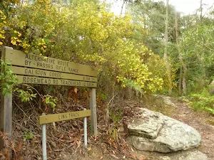 Signs at intersection above fishponds