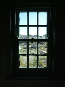 Looking out the window at Seamans Hut