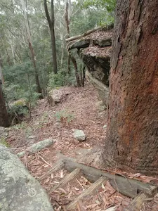 looking down the stairs and around the rock