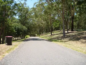 Sealed trail below large elevated picnic area in Richley Reserve